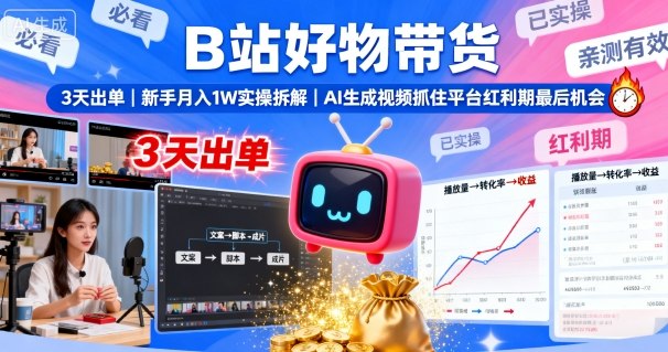 B站好物带货，3天出单，新手月入1W实操拆解，AI生成视频，抓住平台红利期最后机会-沈臣知识库