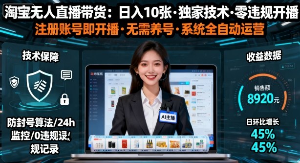 【最新】淘宝无人直播带货，日入10张，独家技术，无违规无封号，注册账号直接开播，不用养号【揭秘】-沈臣知识库