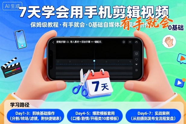 7天学会用手机剪辑视，保姆级教程，有手就会，0基础自媒体短视频创作教程-沈臣知识库