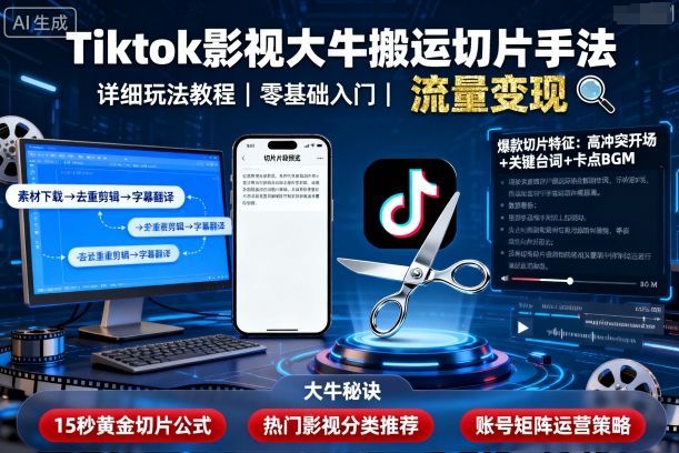 Tiktok影视大牛搬运切片手法，详细玩法教程-沈臣知识库