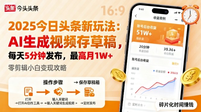 2025年今日头条躺賺新玩法，AI生成视频存草稿，每天5分钟发布，最高月1W+【揭秘】-沈臣知识库