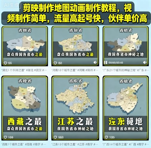 剪映制作地图动画制作教程，视频制作简单，流量高起号快，伙伴单价高-沈臣知识库