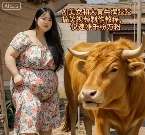 AI美女和大黄牛摔跤搞笑荒诞视频制作教程，快速涨千粉万粉-沈臣知识库