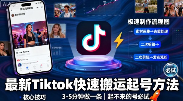最新Tiktok快速搬运快速起号方法，3-5分钟做一条，起不来的号可以试试-沈臣知识库
