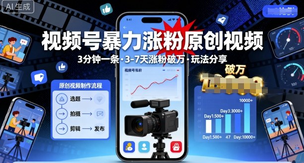 视频号暴力涨粉原创视频，3分钟一条原创视频，3-7天涨粉破万，玩法分享给你-沈臣知识库