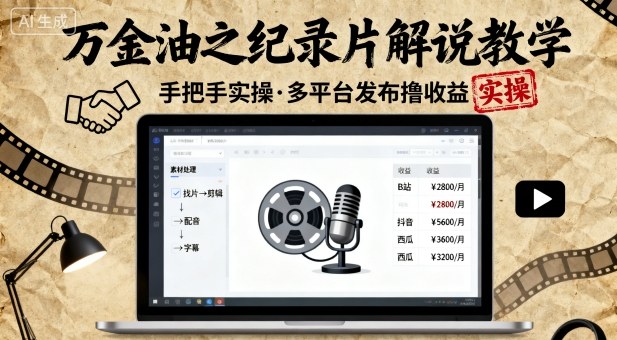 万金油之纪录片解说教学，手把手教你，完全实操，多平台发布撸收益-沈臣知识库