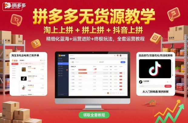 拼多多无货源教学,淘上拼+拼上拼+抖上拼,精细化蓝海+运营进阶+终极玩法,全套运营教程-沈臣知识库