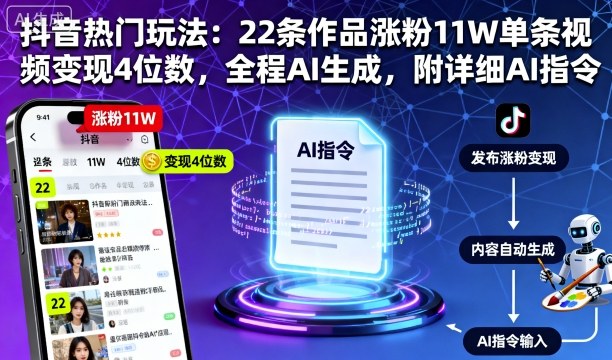 抖音热门玩法：22条作品涨粉11W单条视频变现4位数，全程AI生成，附详细AI指令-沈臣知识库