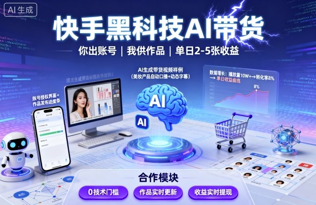 快手黑科技AI带货，你提供账号，我提供作品并发布，单日2-5张【揭秘】-沈臣知识库