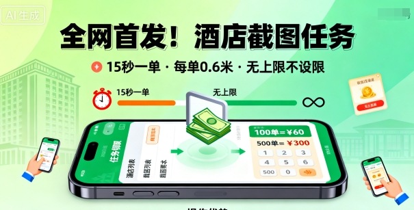 全网首发！酒店截图任务，15秒一单，每单0.6米，任务无上限不设限，矩阵操作单日3张到手【揭秘】-沈臣知识库