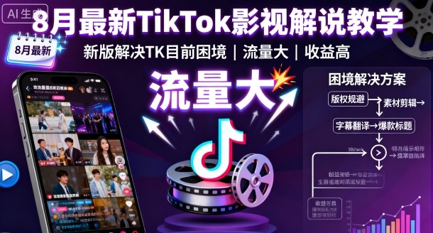 8月最新TikTok影视解说教学，新版解决TK目前困境，流量大，收益高-沈臣知识库