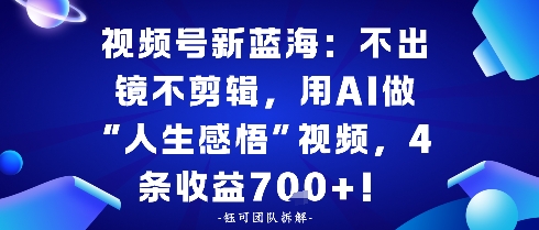 视频号新蓝海：不出镜不剪辑，用AI做“人生感悟”视频，4条收益7张-沈臣知识库