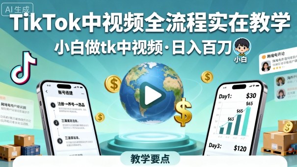 TikTok中视频全流程实操教学，小白做tk中视频，日入百刀-沈臣知识库